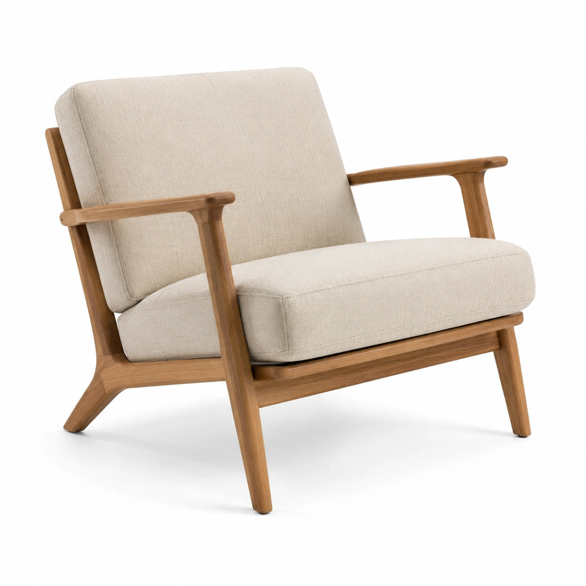 Fauteuil en bois massif avec coussins en tissu beige