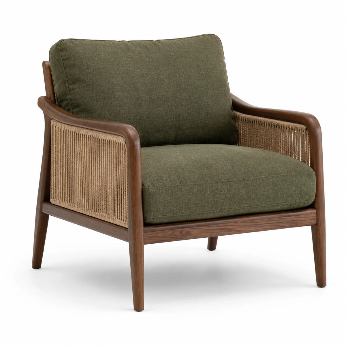 Fauteuil en bois avec accoudoirs en corde et coussins en lin vert