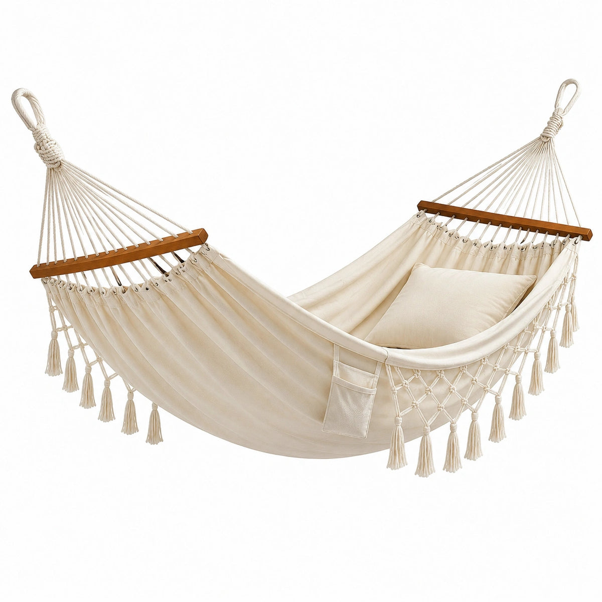 Hamac en toile de coton beige avec oreiller et franges