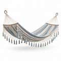 Hamac en coton tissé bleu clair et beige avec franges, 200 cm x 100 cm