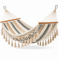 Hamac en coton avec barre en bois et franges 200x150 cm beige/multicolore