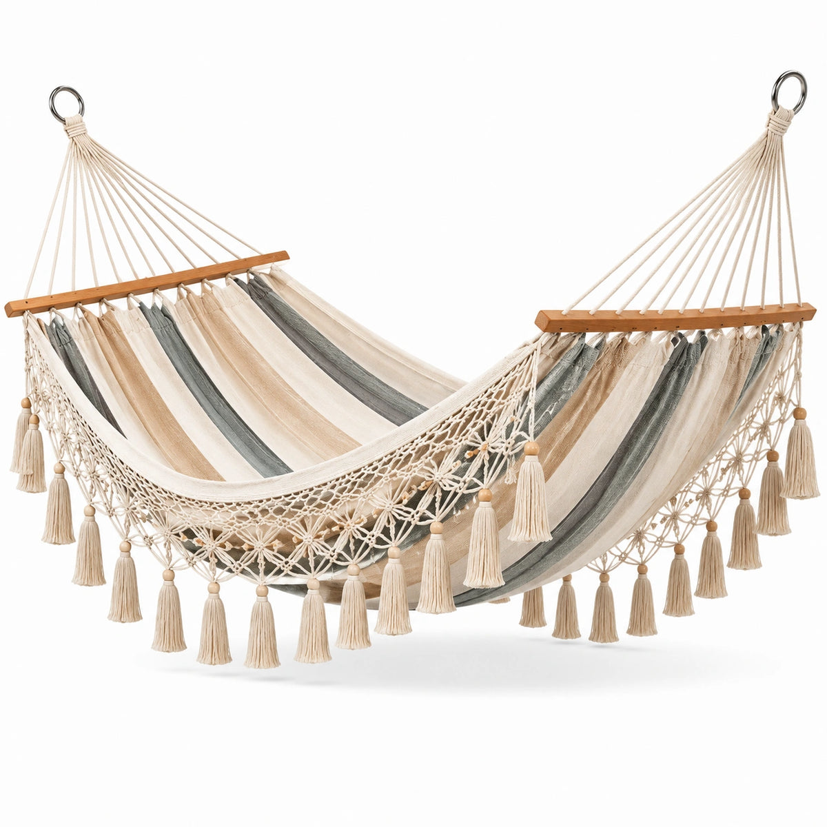 Hamac en coton avec barre en bois et franges 200x150 cm beige/multicolore
