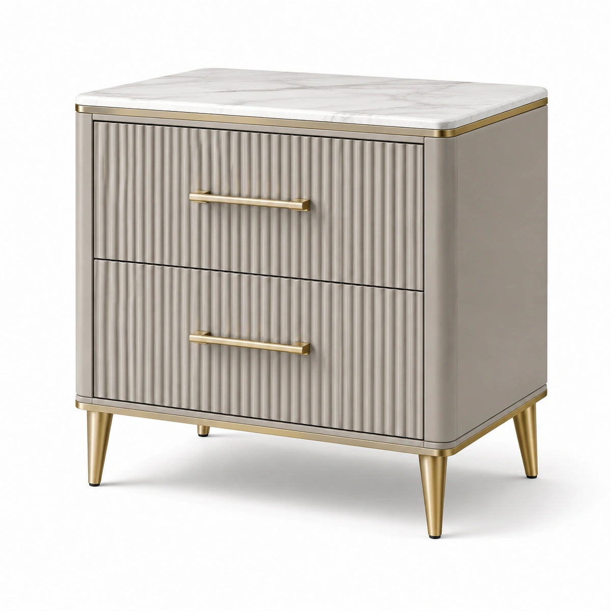 Table de chevet en bois avec dessus en marbre et poignées dorées