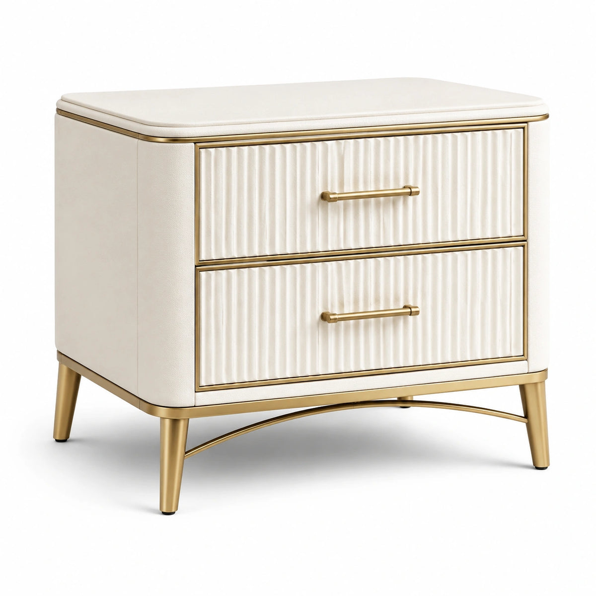 Table de chevet en bois et métal doré avec 2 tiroirs, blanc