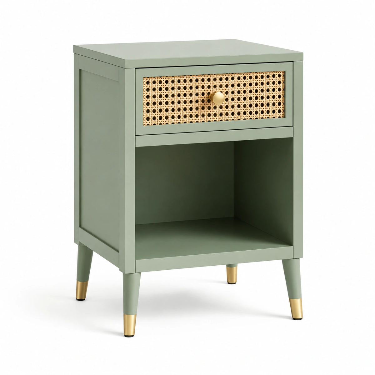 Table de chevet en bois MDF et rotin avec détails dorés