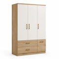 Armoire trois portes deux tiroirs en bois MDF chêne/ivoire avec poignées en métal doré 200x120x50 cm