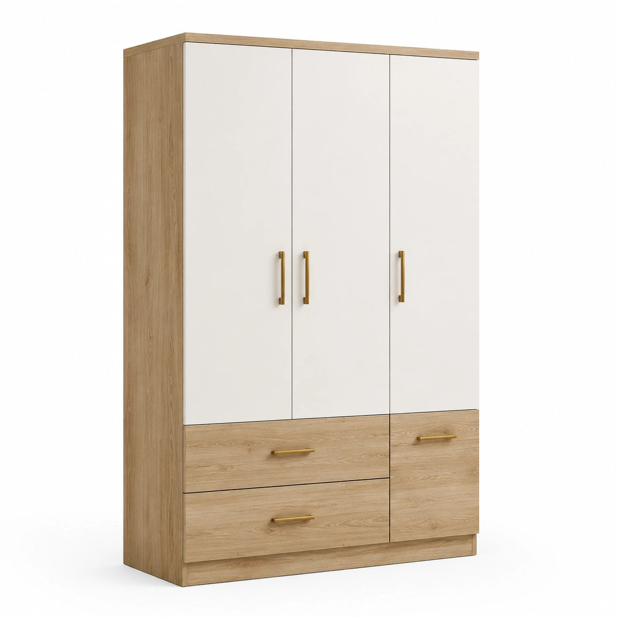 Armoire trois portes deux tiroirs en bois MDF chêne/ivoire avec poignées en métal doré 200x120x50 cm