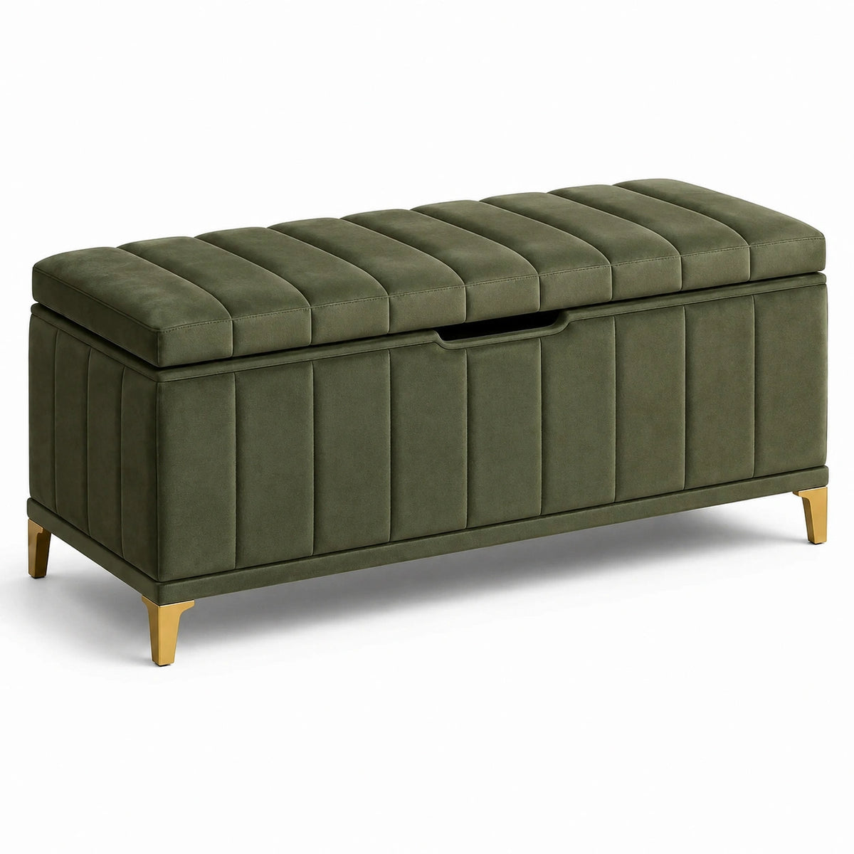 Banc de rangement en velours vert avec pieds en métal doré