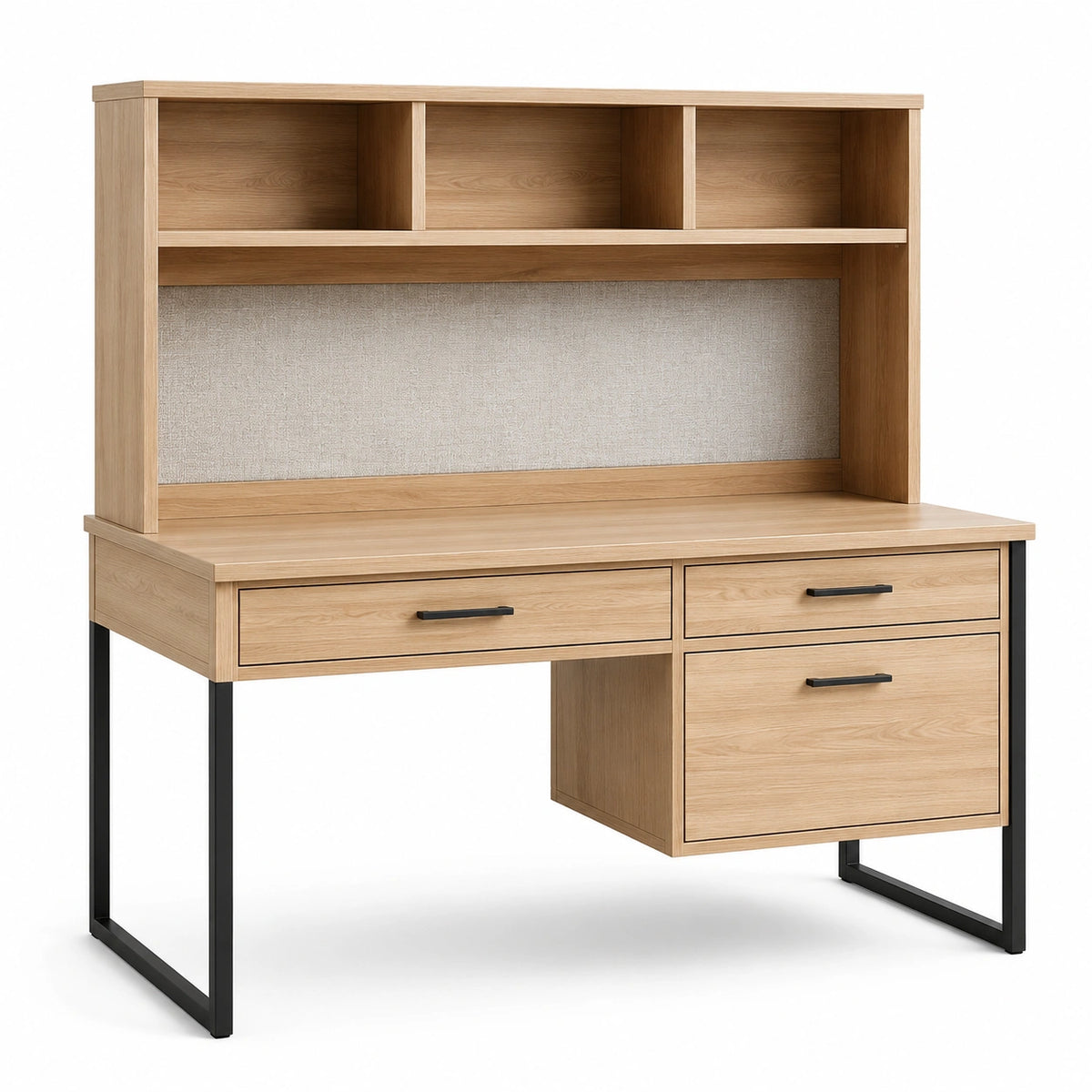 Bureau en bois de chêne avec étagères et tiroirs en métal, 120 cm x 60 cm x 140 cm, chêne clair/noir