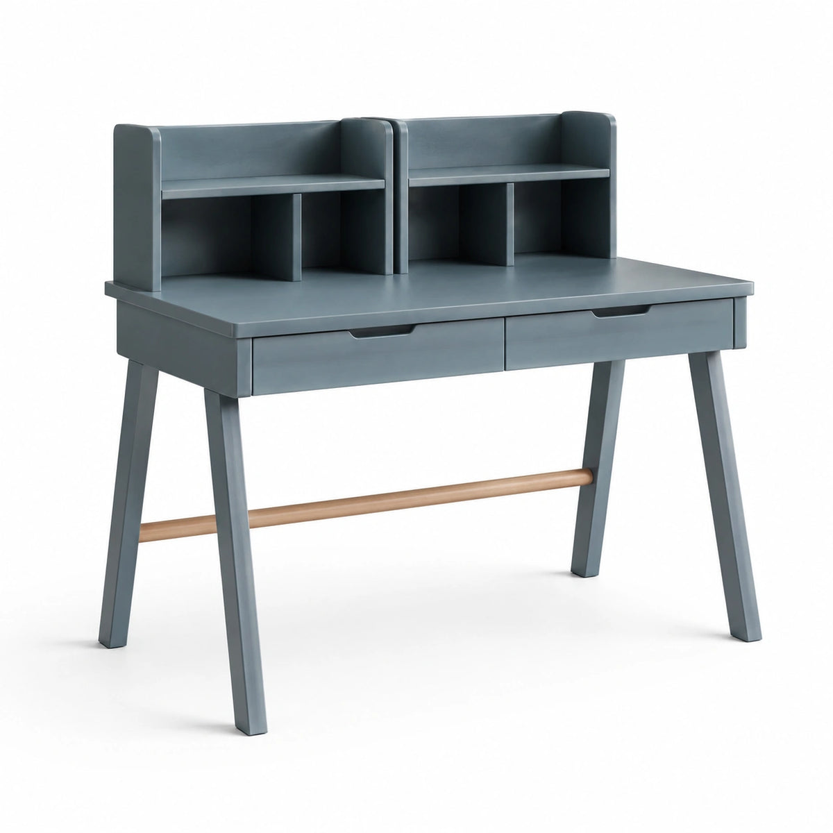 Bureau en bois avec étagères intégrées et deux tiroirs en gris et bois clair