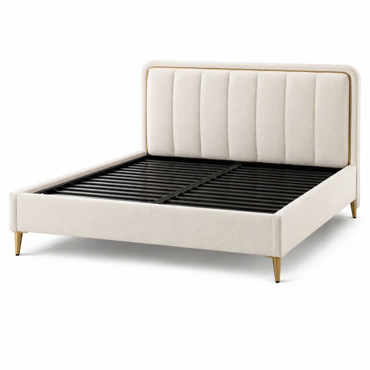 Cadre de lit en métal et tissu beige avec pieds dorés