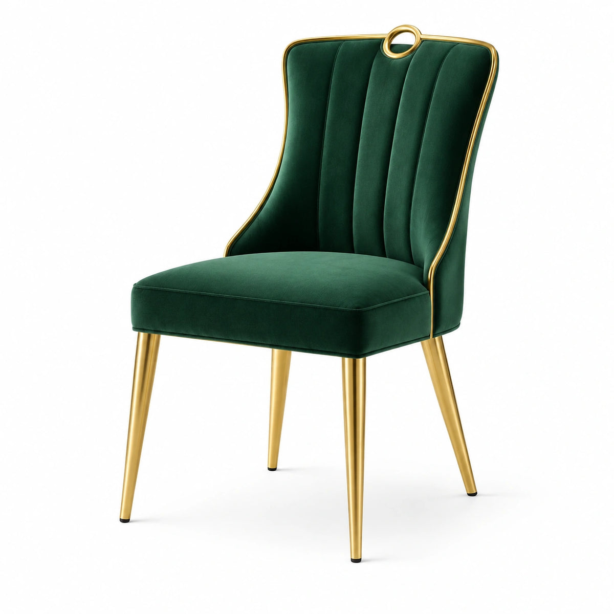 Chaise en velours vert avec pieds métalliques dorés